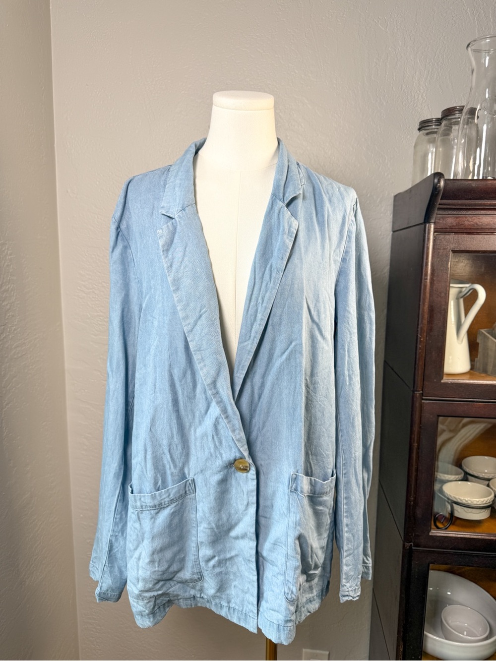 DKNY Lyocell Blue Chambray One Button Soft Blazer Size L